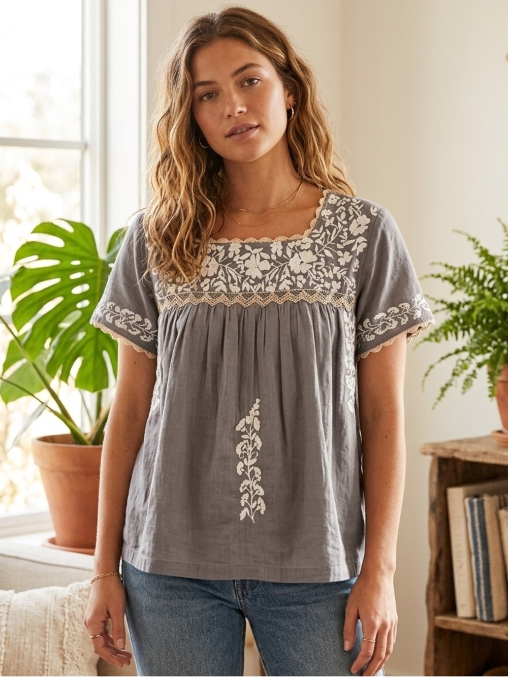 THML Gray Embroidered Square-Neck Blouse with Cream Floral Detail
